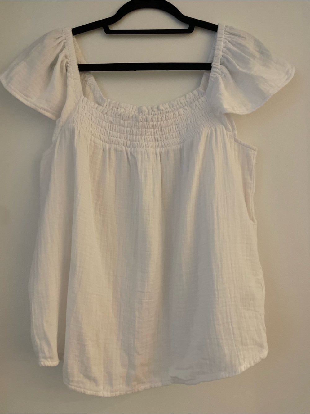 J. Crew Factory White Smocked Square-Neck Flutter Sleeve Top